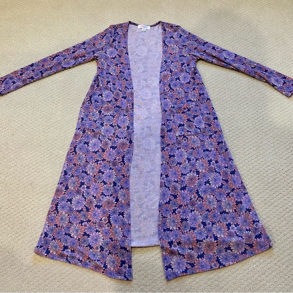 Lularoe Girls Pink And Purple Floral Long Cardigan Size 12